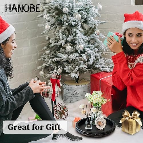 Hanobe Decorative Serving Tray Wood: Black Bead Round Tray for Coffee Table Rustic Wooden Trays Decor Farmhouse Kitchen Counter Circle Tray Vintage Centerpiece for Living Room Home Organizer thumbnail 8