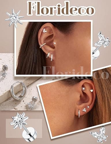 Florideco Hypoallergenic Flat Back Earrings for Women Trendy Surgical Steel Earrings for Sensitive Ears 14K Gold Plated Cartilage Earring Stacks FlatBack Stud Earring Set for Multiple Piercing thumbnail 4