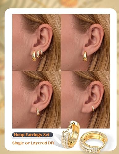LOLIAS Small 14K Gold Plated Chunky Hoop Earrings for Women Hypoallergenic Silver Earrings Set for Sensitive Ears Non Tarnish Huggie Hoops Earring Stacks for Multiple Piercing Jewelry Lightweight 3Pairs thumbnail 4