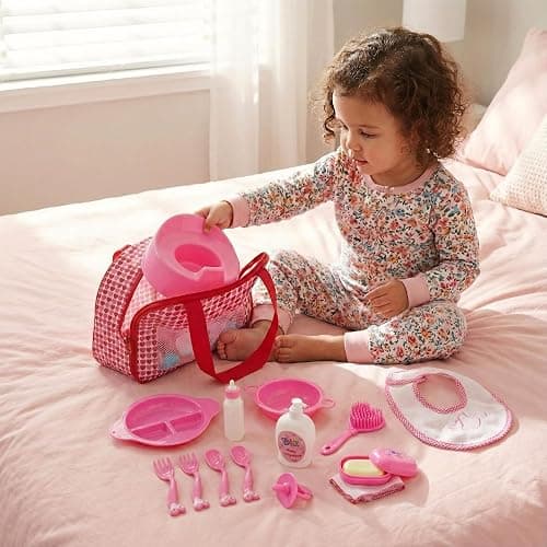 BiBi Doll Baby Doll Accessories Playset 18 Pcs with Carry Storage Bag - Includes Care & Feeding Set, Bottles, Dummy, Potty, Bib, Brush - Portable Nurturing Pretend Play Toy for Girls & Boys Aged 3+ thumbnail 7