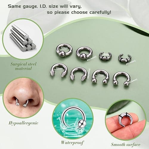 YADOCA Surgical Steel Septum Kit - 2G to 14G Septum Rings, Pincher, Tapers & Gauge, Nose Piercing Jewelry - Silver & Black Tone thumbnail 5