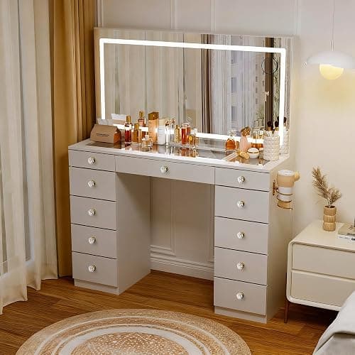Pamapic Glass Top Vanity Desk with Crystal Handles and 11 Drawers, Makeup Vanity with Mirror and Lights, 3 Lighting Modes Dressing Table, Power Outlet, Silent Slides, White thumbnail 6