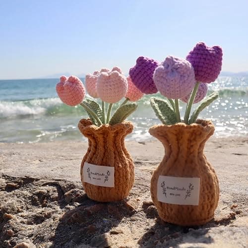 YOOJEE Tulip Crochet Flower Potted Plant Handmade Desk Decor Gift thumbnail 7