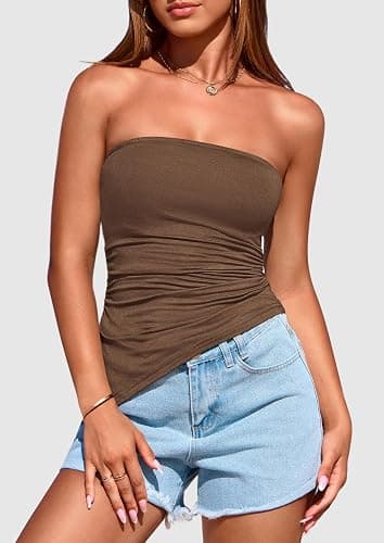 PRETTYGARDEN Womens Summer Tube Tops 2026 Trendy Strapless Ruched Going Out Tops Outfits Asymmetrical Bandeau Shirts thumbnail 3