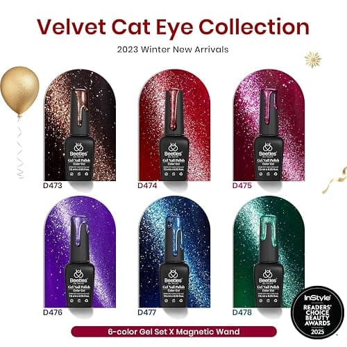 Beetles Cat Eye Gel Nail Polish Set, 6 Colors Christmas Gel Polish Kit Glitter Red Pink Shiny Brown Burgundy Purple Blue Green Magnetic Effect Sparkle Stunning Soak Off UV Manicure Gifts for Women thumbnail 2