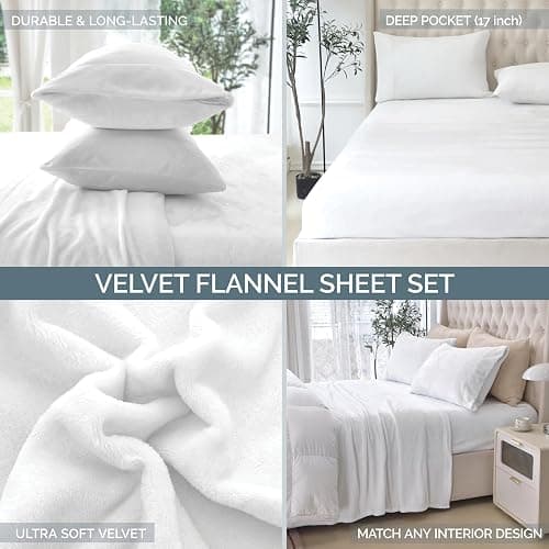 Elegant Comfort Luxuriously Soft 4-Piece Velvet Plush Flannel Sheet Set - Premium Quality - Cozy Warm, Anti-Static, Non Pilling Fuzzy Velvet Flannel Fleece Deep Pocket Sheet Set - Twin XL, White thumbnail 9
