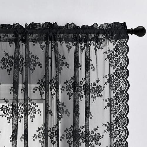 Kotile Short Black Lace Curtains for Small Windows W42 x L36 Inch, 2 Panels | Rod Pocket, Graceful Openwork Detail, Even Window Light, Vintage Gothic Mood, Tailored Short-Window Look, Privacy - Image 1