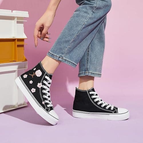 kufeiti Women's High Top Canvas Sneakers Casual Walking Shoes | embroidered,breathable canvas upper,lace up high top,non slip,easy match thumbnail 2