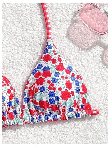 RoseSeek Girl's 2 Piece Swimsuits Floral Gingham Halter Triangle Wireless Bikini Bathing Suit thumbnail 3