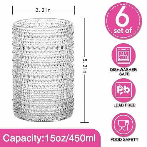 Consou Large Glasses Set of 6, 15 oz Hobnail Glassware Thick Glass Heavy Base thumbnail 3