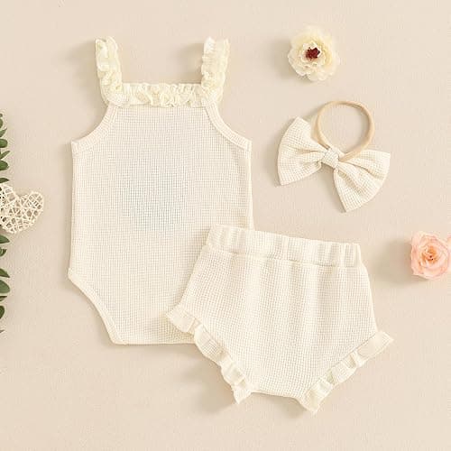 Kavousa Newborn Baby Girl Summer Clothes Floral Embroidery Hater Romper Bloomers Shorts Set Headband Cute Baby Girl Outfit thumbnail 3