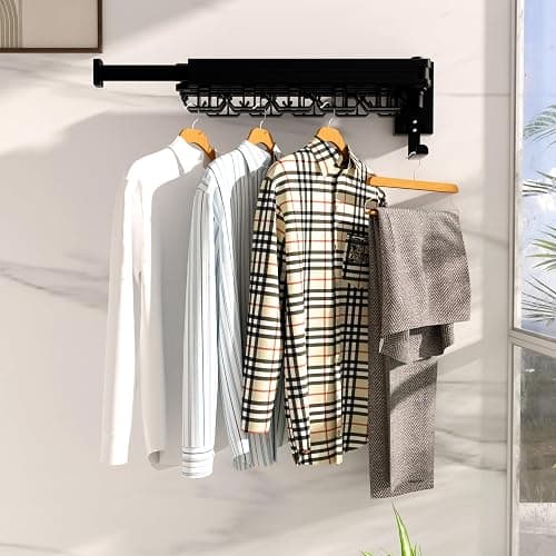 Kelisiting Clothes Drying Rack, Wall Mounted Laundry Drying Rack, Upgrade 3-Fold Foldable Collapsible Retractable Clothing Drying Rack with 12 Dual Hooks Organization for Laundry Room Indoor- Black thumbnail 2