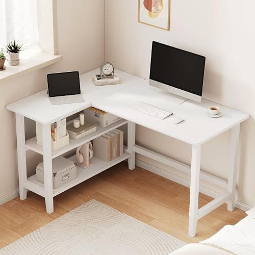 IOTXY 45" Reversible L-Shaped Office Desk with Storage Shelves, White | Solid Rubberwood Legs, 0.6" MDF Desktop, Reversible 2-tier Shelves, Compact Corner Computer Table for Small Spaces - Image 1