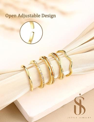 Jstyle Gold Stackable Rings for Women Non Tarnish Open Adjustable Rings Cubic Zirconia Thin Thumb Silver Ring Set 14K Gold Filled Pinky Knuckle Stacking Set - Dainty Statement Promise Band Ring Sets thumbnail 4