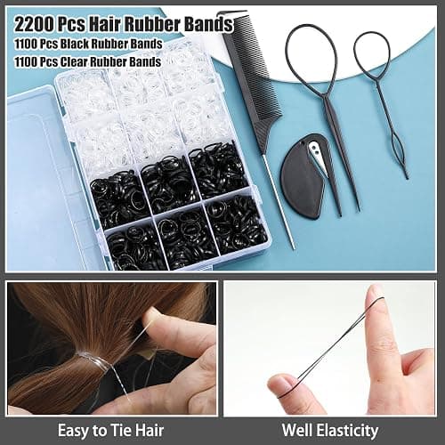 2200 Pcs Elastic Hair Bands with Hair Loop Styling Tool Set, Clear Mini Hair Bands and Black Elastic Hair Ties with Rubber Band Cutter Organizer Box Hair Accessories for Toddler Baby Girl Women thumbnail 3