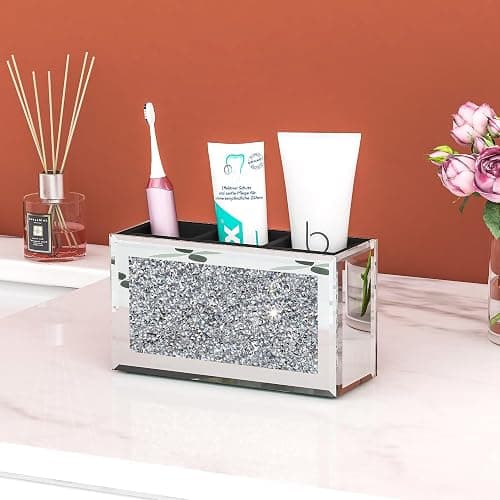 SHYFOY Mirrored Makeup Brush Holder Organizer, 3 Slot Glass Cosmetics Brushes Storage Holders with Crystal Crushed Diamond, Cute Pen and Pencil Holder for Desk, Eyeliners Display Case for Vanity thumbnail 7