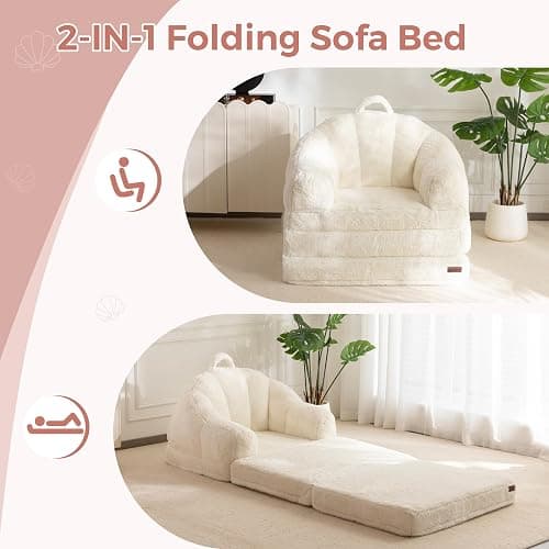MAXYOYO Folding Sofa Bed, 2 in 1 Convertible Sofa to Lounger Comfy Single Bean Bag Chair for Adults, Floor Sleeper Couch with Handle, Faux Fur Couch Bed for Living Room Bedroom, Beige thumbnail 9