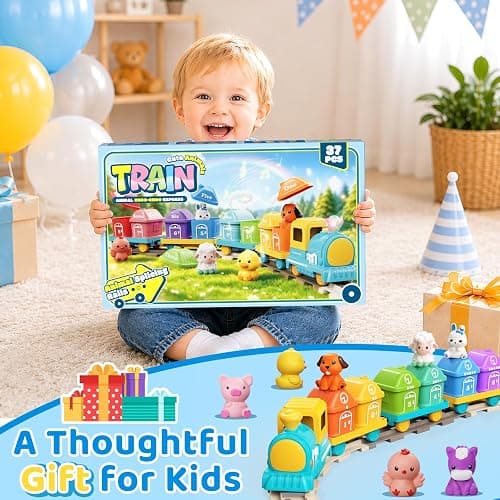 Electric Train Set for Toddler with Farm Animals, Music & Lights, Ages 2-4 | Montessori Self-moving electric train set, 37 PCS with 8 numbered barns and animal finger puppets for counting and sorting thumbnail 2
