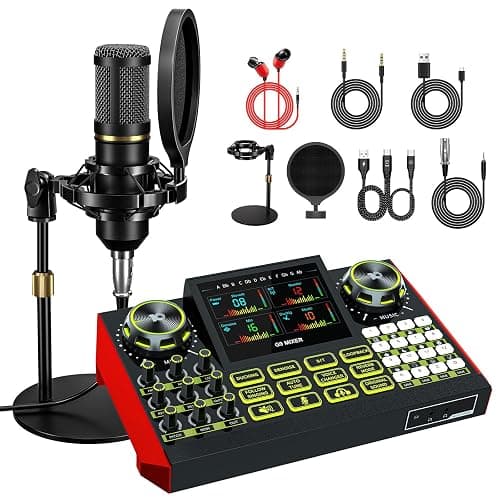 Podcast Microphone Bundle with Live Sound Card Audio Mixer, Podcast Equipment Bundle Sound Board with 3.5mm Condenser Microphone for Pc/Phone Live Streaming Singing Gaming,Voice Changer, Denoise - Image 1