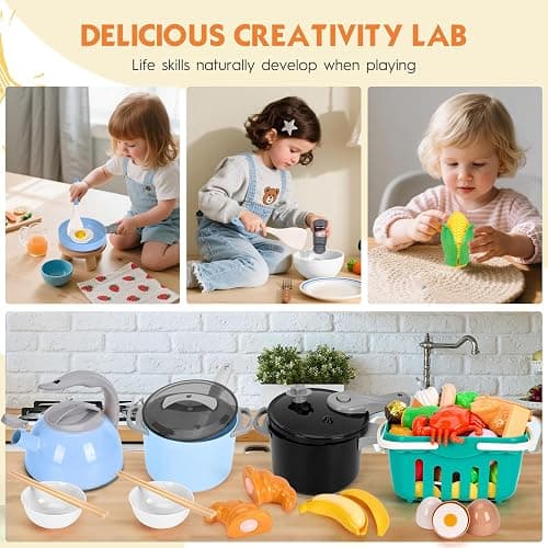 130Pcs Kitchen Playset, Toddler Pretend Cooking Play Pots, Pans, Utensils Cookware, Daily Food Fruit Veges, Shopping Storage Basket, Dessert, Prop Money, Learning Gift for Child (Blue) thumbnail 7