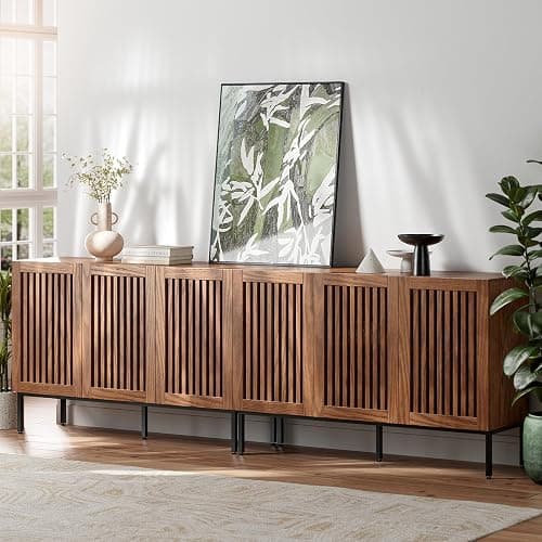 BVIUNTWO Farmhouse TV Stand for TVs up to 100 inch, 2 in 1 Entertainment Center TV Console with Storage Cabinets and Metal Base,Brown Media Console for Living Room thumbnail 4