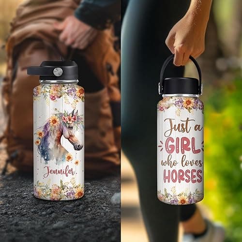 Hyturtle Personalized Horse Water Bottle - Custom Name Insulated Stainless Steel Bottle with Leak-Proof Lid 18oz 32oz - Animal Lover Gift for Women Girls Horse Lovers - Birthday & Christmas Gift thumbnail 6