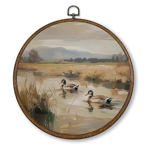 Qskjre Vintage Mallard Duck Wall Art Decor, Nursery Cottagecore Duck Pond Hunting Round Wood Framed Canvas Picture Wall Art, Rustic Bird Hunter Hanging Prints for Woodland Room Decorations 10"x10" - Image 1