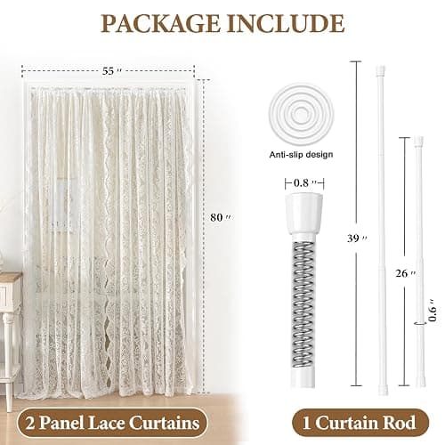 UNISTAR Lace Sheer Door Curtains with Rod, Luxury Vintage Floral Lace Curtains for Livng Room Room Divider Closet Rod Pocket 55 W x 80 L Inch,White (2 Panels+Rod) thumbnail 2