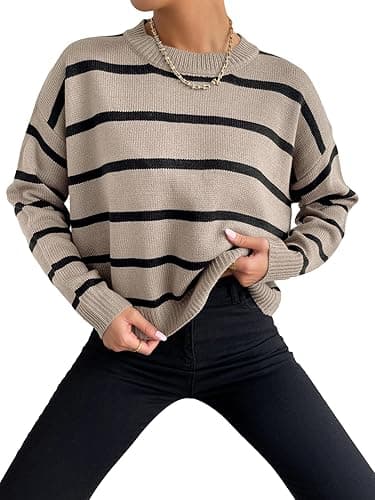 GORGLITTER Women's Striped Drop Shoulder Sweater Oversized Crew Neck Knit Sweaters Pullover Top - Large - Light Khaki