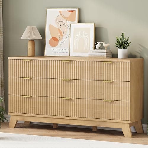 Fluted Dresser for Bedroom with 9 Drawers, 57" Wide Modern Chest of Drawers with Metal Handle, Wooden Dresser TV Stand, Wood Closet Clothes Storage Organizer for Living Room, Hallway, Natural Oak thumbnail 4
