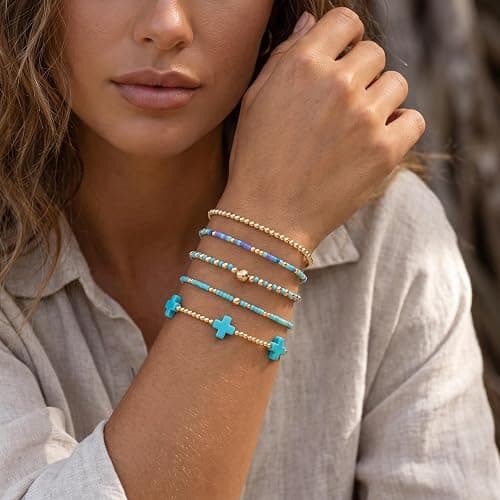 Bohxantium Gold Beaded Bracelets Stack for Women Stackable 14K Gold Plated Beads Ball Cross Bracelet Boho Christian Jewelry Faith Friendship Birthday Gifts for Women thumbnail 3