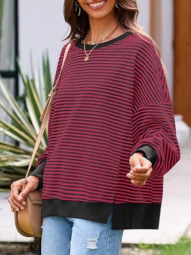 Fisoew Women's Fall Oversized Sweatshirt Casual Waffle Knit Long Sleeve Crewneck Split Pullover Tunic Tops thumbnail 3