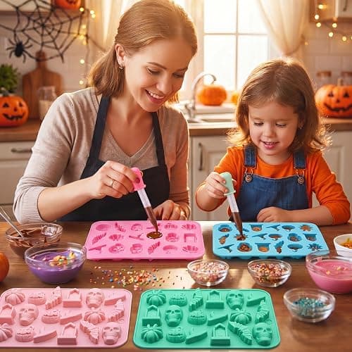 Sliner Halloween 5 Pcs Candy Molds Silicone 3D Chocolate Molds 18-cavities for Chocolate Gummies Cupcake Jelly Muffin Cookie Dessert Baking Ice Cube Soap Making (7.09 x 4.88 Inches) thumbnail 2