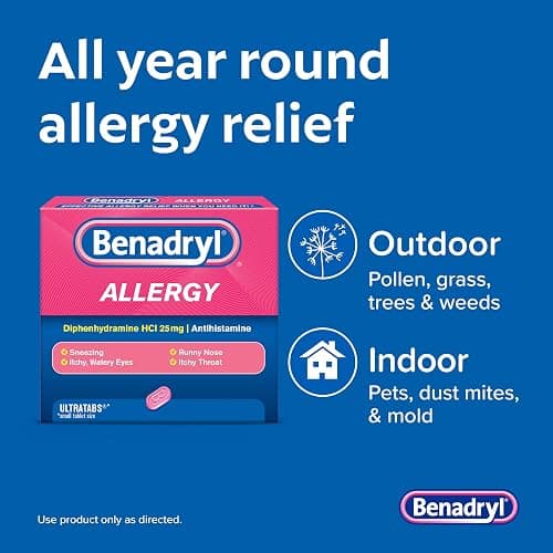 Benadryl Ultratabs Allergy Medicine, 25 mg Diphenhydramine HCl Antihistamine Tablets For Cold & Allergy Relief of Symptoms Like Sneezing, Runny Nose, Itchy Eyes & Throat, Hay Fever, 100 Count Tablets thumbnail 2