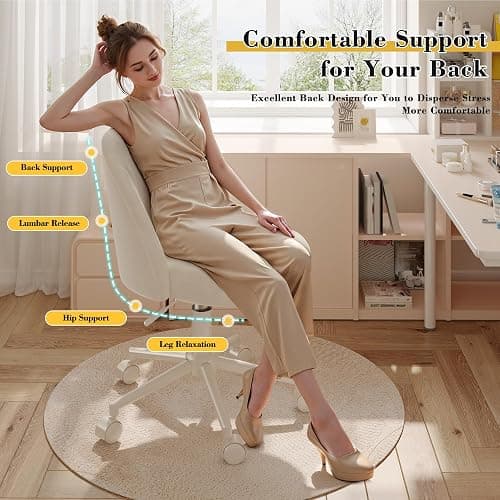 EnHomee Vanity Chair with Wheels and Comfortable Back, Cute Armless Desk Chair with Adjustable Rolling Swivel for Home Office,Bedroom, White thumbnail 4