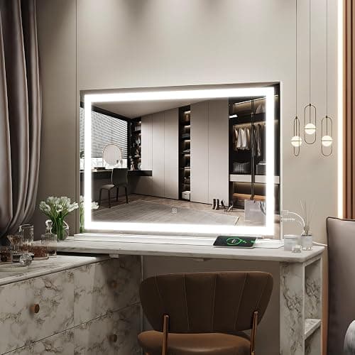 ROLOVE Vanity Mirror with Lights, 32" x 22" Large Lighted Vanity Mirror with Dimmable 3 Modes, LED Makeup Mirror, USB Charging Port, Tabletop or Wall-Mounted Square White thumbnail 7