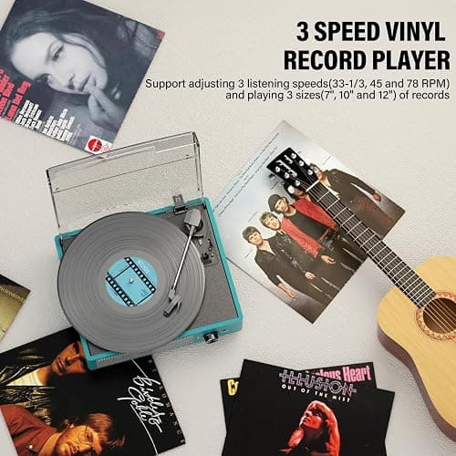 Record Player for Vinyl with 2 Build-in Speakers LP Vinyl Players Belt-Driven Vintage Turntables 3 Speed 3 Size, Wireless Bluetooth Playback, AUX-in, RCA Out, Headphone, Auto Stop Sea Blue thumbnail 5