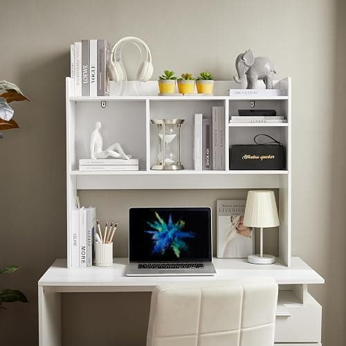 Nromant Desktop Bookshelf, Wooden Desk Storage Hutch with 6 Shelves for Computer Desk, 3-Tier Desktop Display Organizer Rack for Office Home (White) - White thumbnail 5