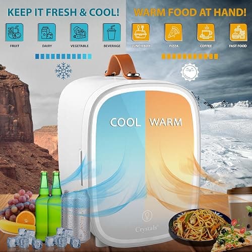 Crystals 4/10/15L Litre Mini Fridge, Table Top Small Fridge Cooler & Warmer for Car Bedrooms Desk Office, 12V DC - 220 AC, Mini Fridge for Bedrooms (LED Mirror [Design: 2] - WHITE, 4L Lights) thumbnail 4