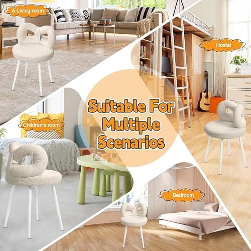Slzyqnyy Small Vanity Chair with Bow Backrest – White Makeup Stool for Dressing Table, Armless Beauty Chair with Adjustable Foot Pads, Bedroom for Women Girls, Compact Makeup Stool (White) thumbnail 5
