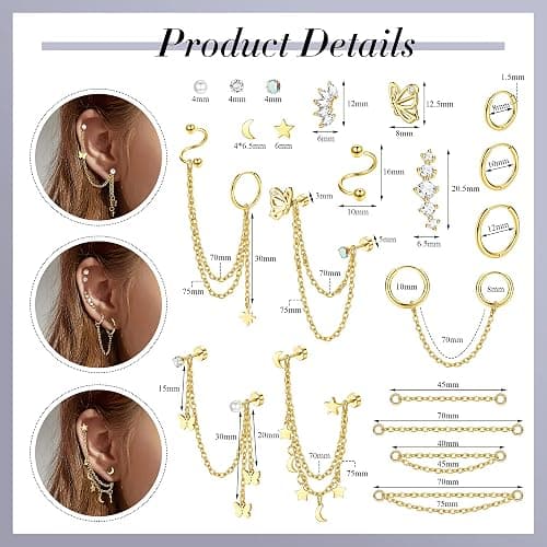 ZELORES 20G Cartilage Earrings Set For Women Men Stainless Steel Small Huggie Hoop Earring Flatback Star Moon Butterfly CZ Cartilage Stud Earrings Chain Dangle Cartilage Helix Tragus Piercing Jewelry thumbnail 4