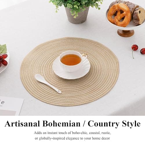 SHACOS Round Braided Placemats Set of 4 Washable Place Mats for Dining Tables 15 inch Non Slip Kitchen Table Mats (Beige, 4) thumbnail 4