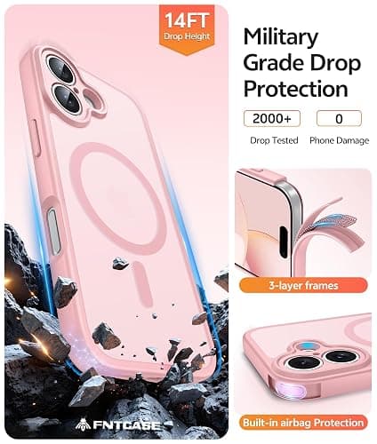 FNTCASE for iPhone 16 Case: [Compatible with Magsafe] Translucent Matte Cases with [Full Camera Protection] [Screen Protector] Military Grade Shockproof Protective Phone Cover - Light Pink thumbnail 5