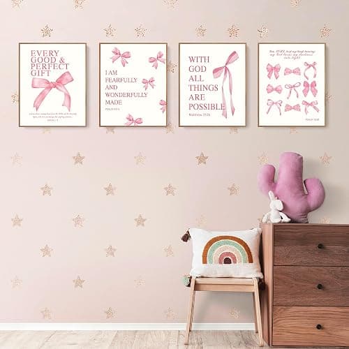 LARTSFRO Coquette Pink Bow Christian Wall Art Decor Posters, Pink Bow Christian Bathroom Room Bedroom Dorm Wall Art Decor Aesthetic for College Teen Girls Gifts,Inspirational Bible Verses Bow Wall Decor, 10x8 Inch Set of 4 Bow Pictures(UNFRAMED) thumbnail 3