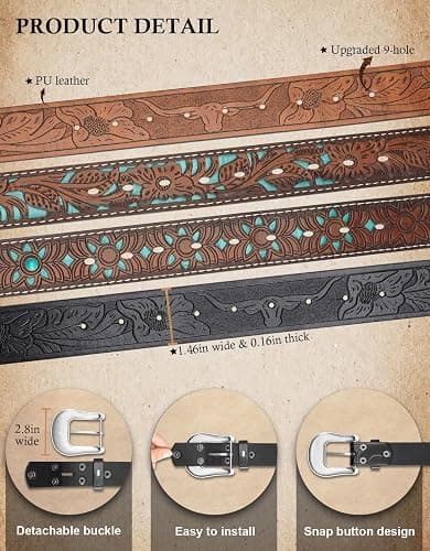 Kicoroiny Western Belts Vintage Cowgirl Cowboy Country Belt for Woman Men Gifts, Carved Buckle-Belts for Jeans Pants Dresses thumbnail 5