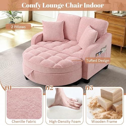 Chaise Lounge Chair Indoor with Storage Ottoman, Comfy Chenille Tufted Loveseat Sofa Chair with Adjustable Backrest, Upholstered Lounge Sofa Chairs with 2 Pillows & Side Pockets for Living Room, Pink thumbnail 6