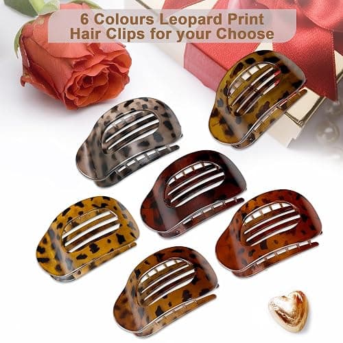 Flat Hair Clips for Women,6 Pack Ergonomic Curved Hair Claw Clips for Thick Thin Curly Hair,Strong Hold No Slip French Large Hair Claw Clips for All Hair Textures,Comfortable All-Day Wear,Leopard thumbnail 2