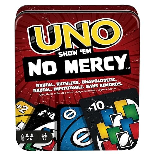Mattel Games UNO No Mercy Jeu de cartes dans sa boîte de transport et de voyage, pour des soirées jeux en famille, avec des règles spéciales et des pénalités plus sévères, HXT57 - Image 1