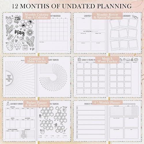 Everloria Premade Dotted Journal Notebook, 12 Months Pre-made Bullet Templates, 260 Hand-Drawn Coloring Pages, Undated Weekly & Monthly Planner, 7.8"x9.3" Leather Dot Grid Habit Mood Tracker thumbnail 5