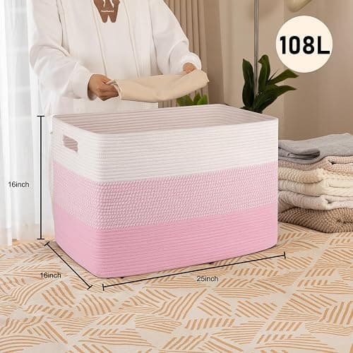 OIAHOMY 108L Super Large Blanket Basket For Living Room, 25”x16”x16” Rectangle Woven Baskets For Storage, Toy Storage with Handle - Pink&White thumbnail 3